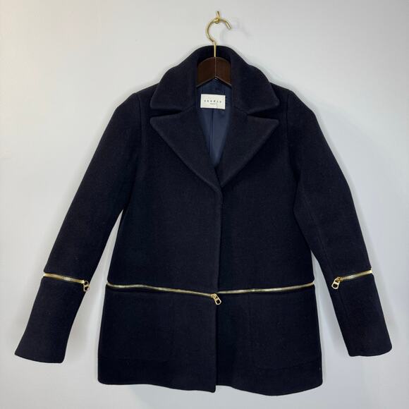 Sandro Navy & Gold Wool Zip Wool Blend Peacoat Jacket Women's 36 S - Picture 1 of 14